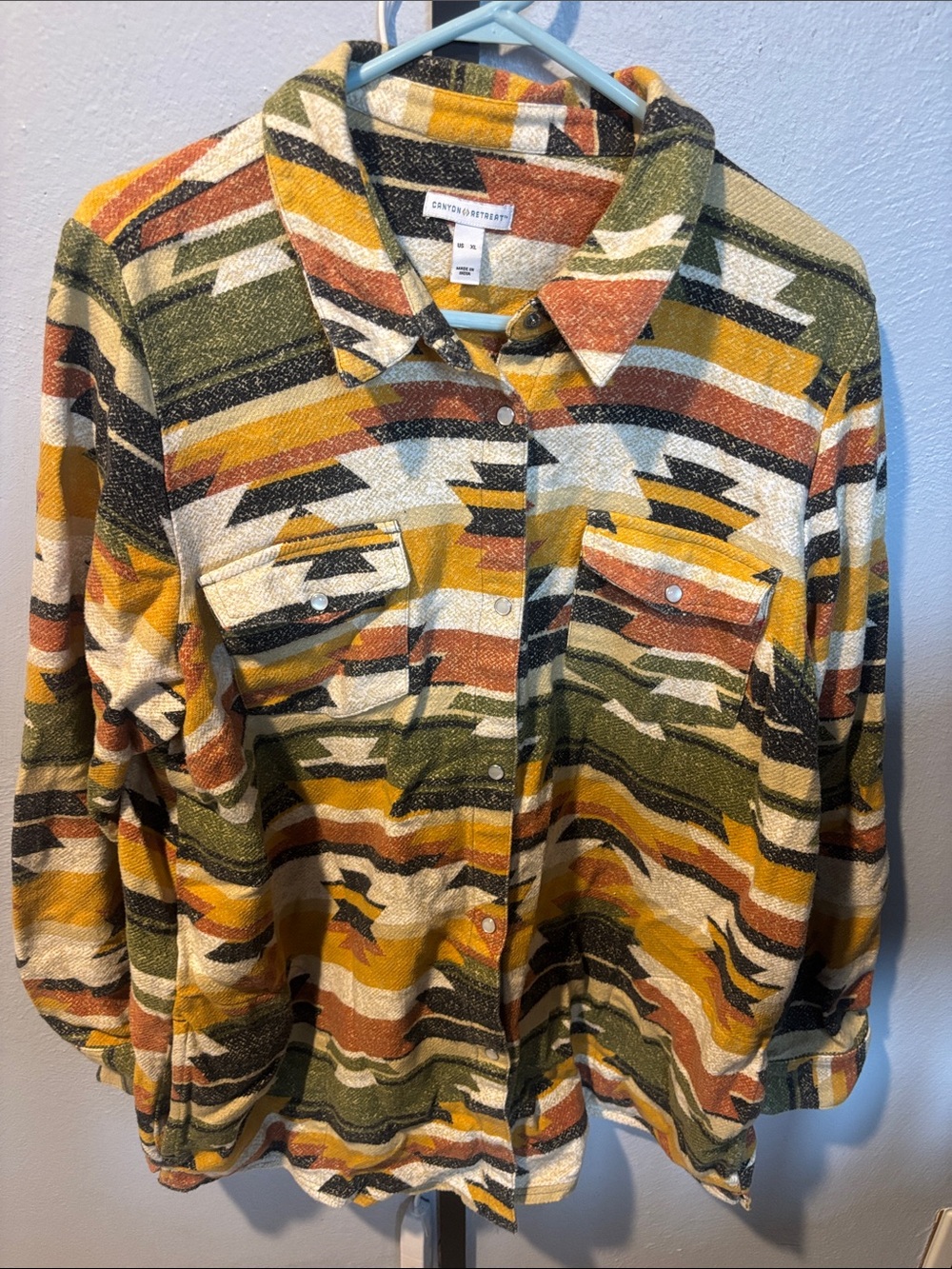 100% Cotton Southwest Striped Button-Up Shirt Jacket - Olive/Gold/Rust